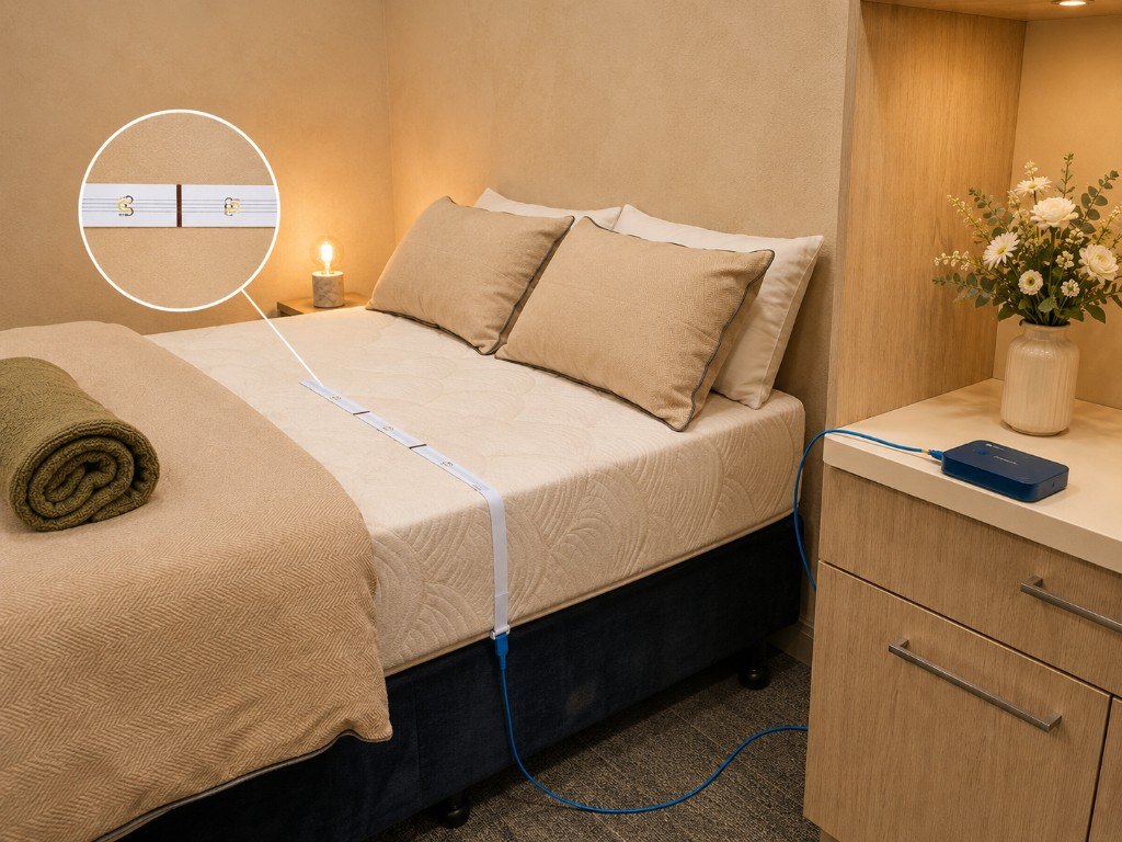 MedBug sensor strip on top of a mattress, connected to the bedside unit