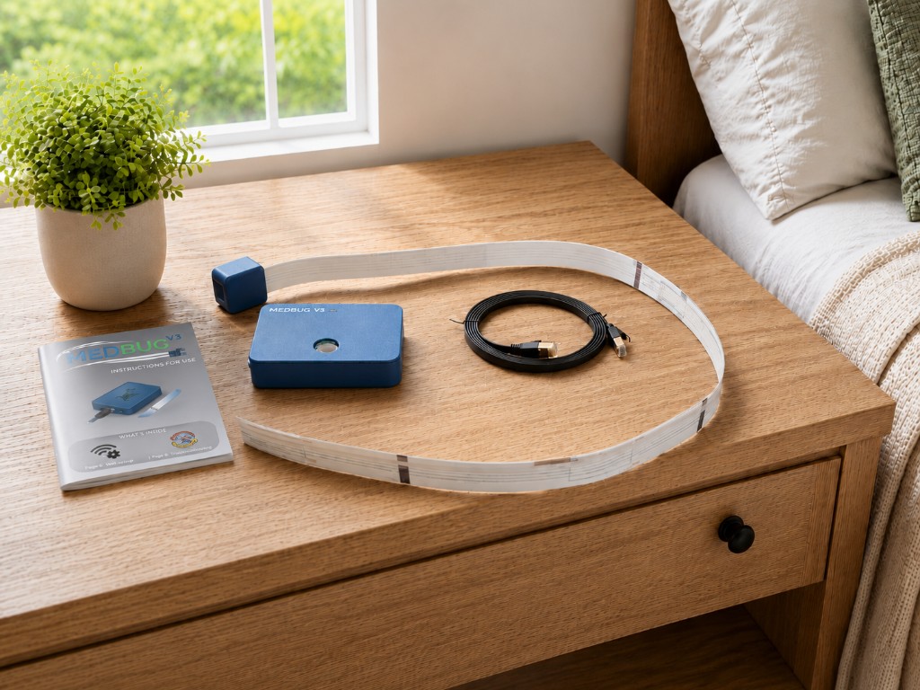 MedBug 3 kit with sensor strip, connector cable and instructions on a bedside table